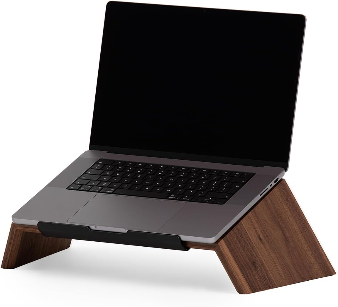 Oakywood - Walnut Wooden Slanted Laptop Stand - Ergonomic Desk Laptop Riser & Holder - 50X25X15Cm - Fits 15-16 Inch Laptops - Serious Techies