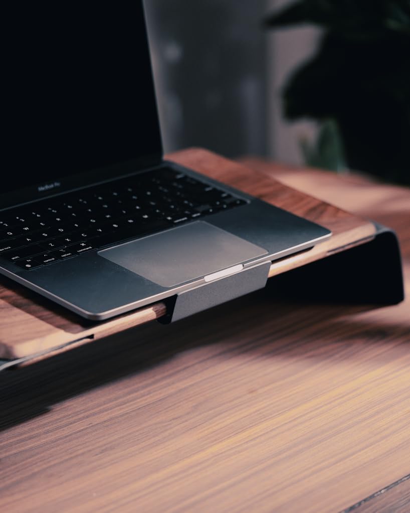 NOOE - Laptop Stand Desk Top Table Holder, 10 Degree Angled, 46.5 X 22.5 in Working Space, American Walnut Wood, Aluminum, Anthracite Finish - Serious Techies