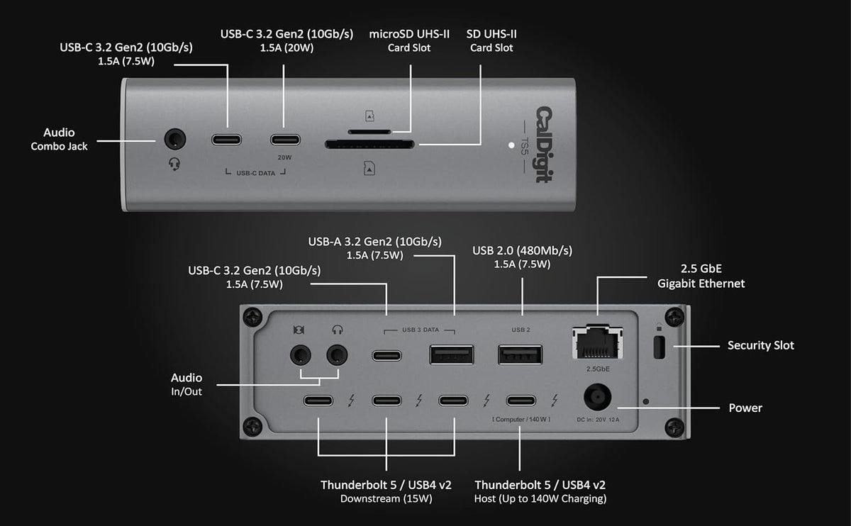 Caldigit -TS5 Thunderbolt 5 Dock - 15 Port, 140W Dedicated Host Charging, 80Gb/S Thunderbolt 5 X4, USB-C 10Gb/S X3, USB-A X2, 2.5Gbe, Dual 8K@60Hz, SD & Microsd UHS-II, 1M Braided Cable, 240W PSU - Serious Techies