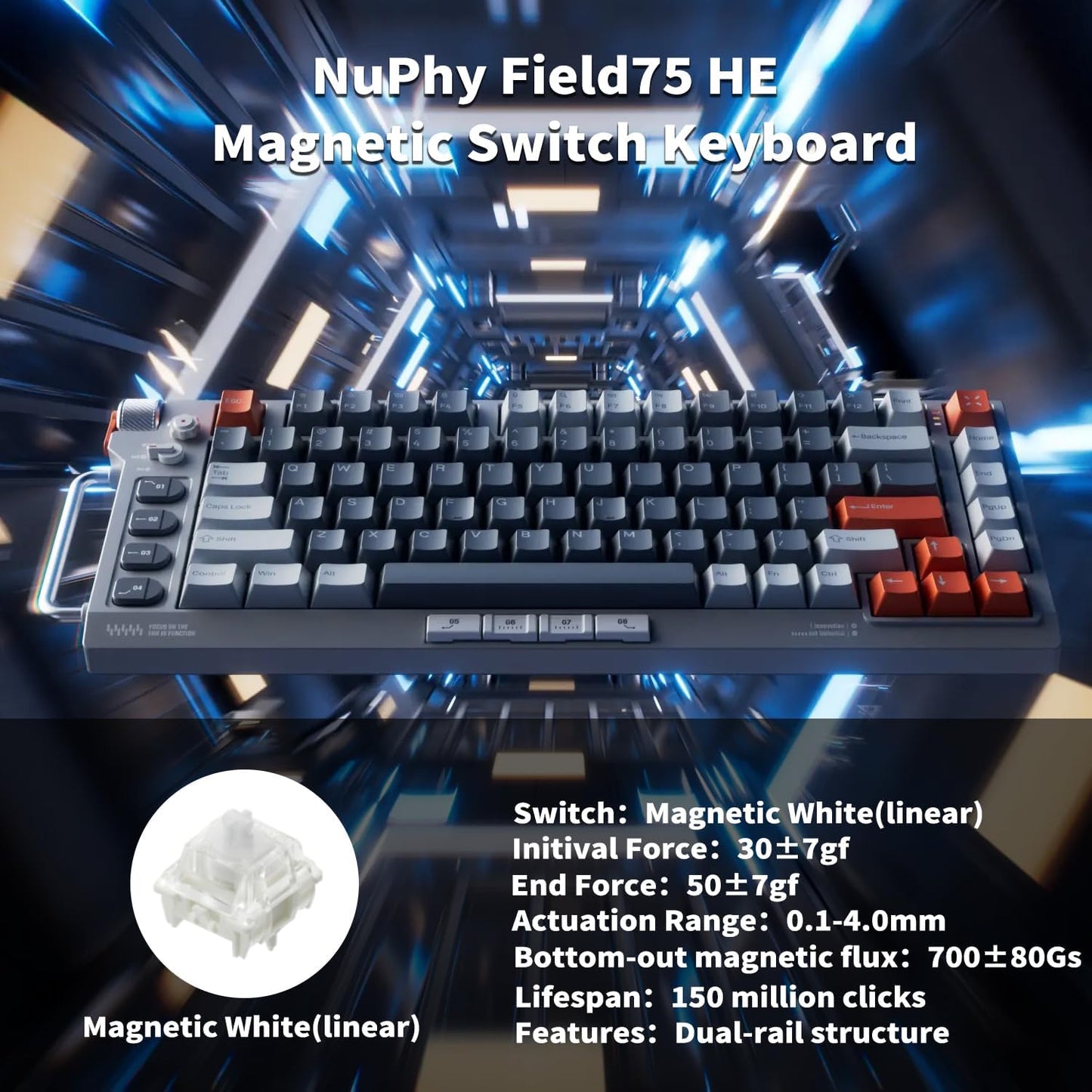 Nuphy - Field75 HE Rapid Trigger Wired Magnetic Keyboard,83 Keys,Pbt Keycaps,Hot-Swap RGB Backlit Gaming Keyboard, 75% Layout Hall Effect Keyboard with Knob,8K Hz Polling Rate-Magnetic White Switch - Serious Techies