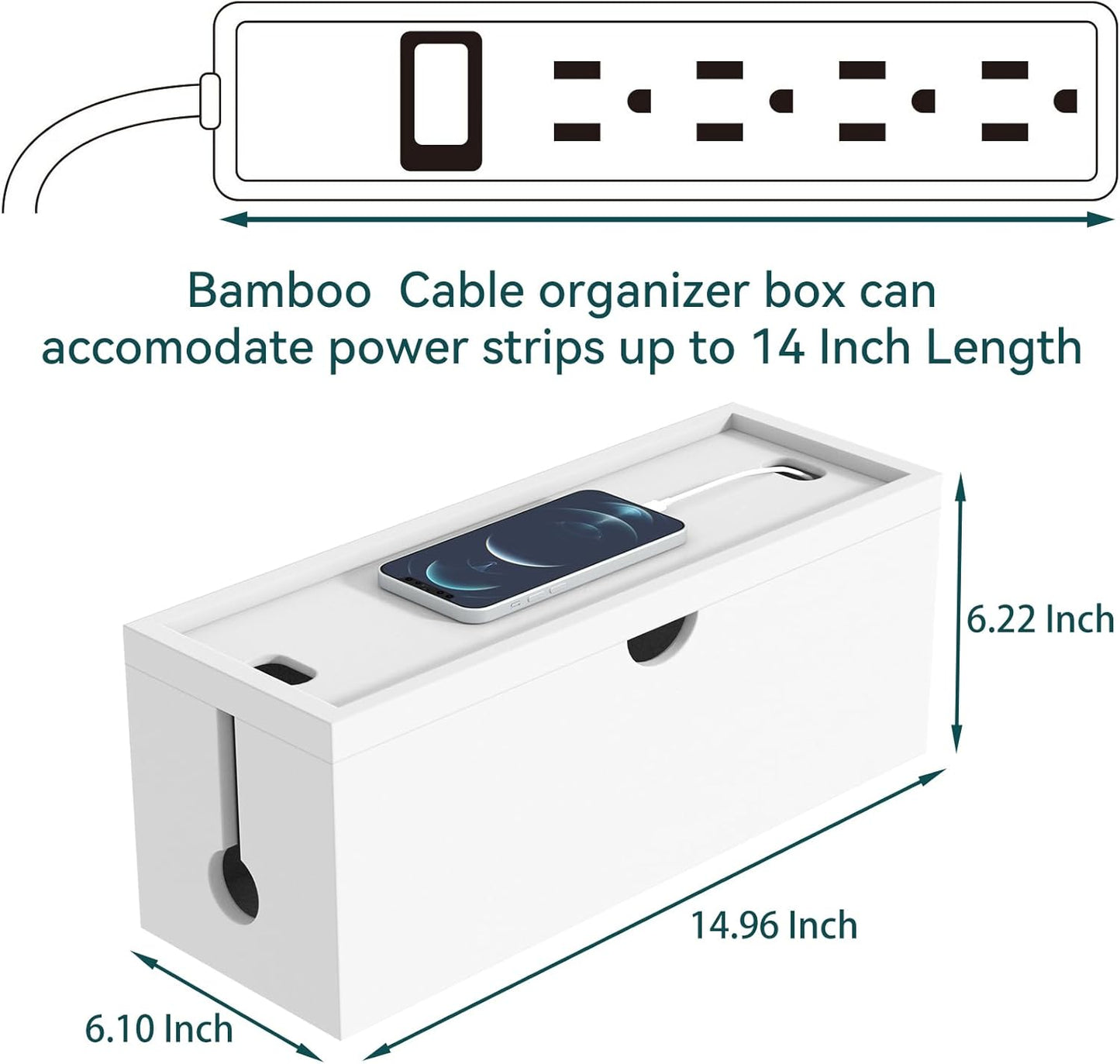 Bivvclaz - Bamboo Cable Management Box, Large Cord Organizer Box Cable Box to Hide Wires & Power Strips for Desktop Storage Cord Holder for Office Home,No Assembley Required (All White, Large) - Serious Techies
