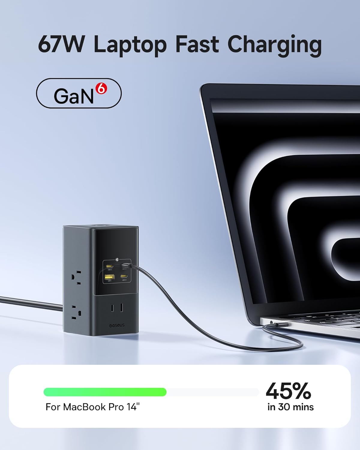 Baseus - Charging Station 67W, 10-In-1 USB-C PD Fast Charging Desktop Charger with 1200J Surge Protection, 5Ft Extension Cord, 6 AC, 3 USBC, 1 USBA Ports for Iphone 16/15, Macbook, Tablet, Desktop - Serious Techies