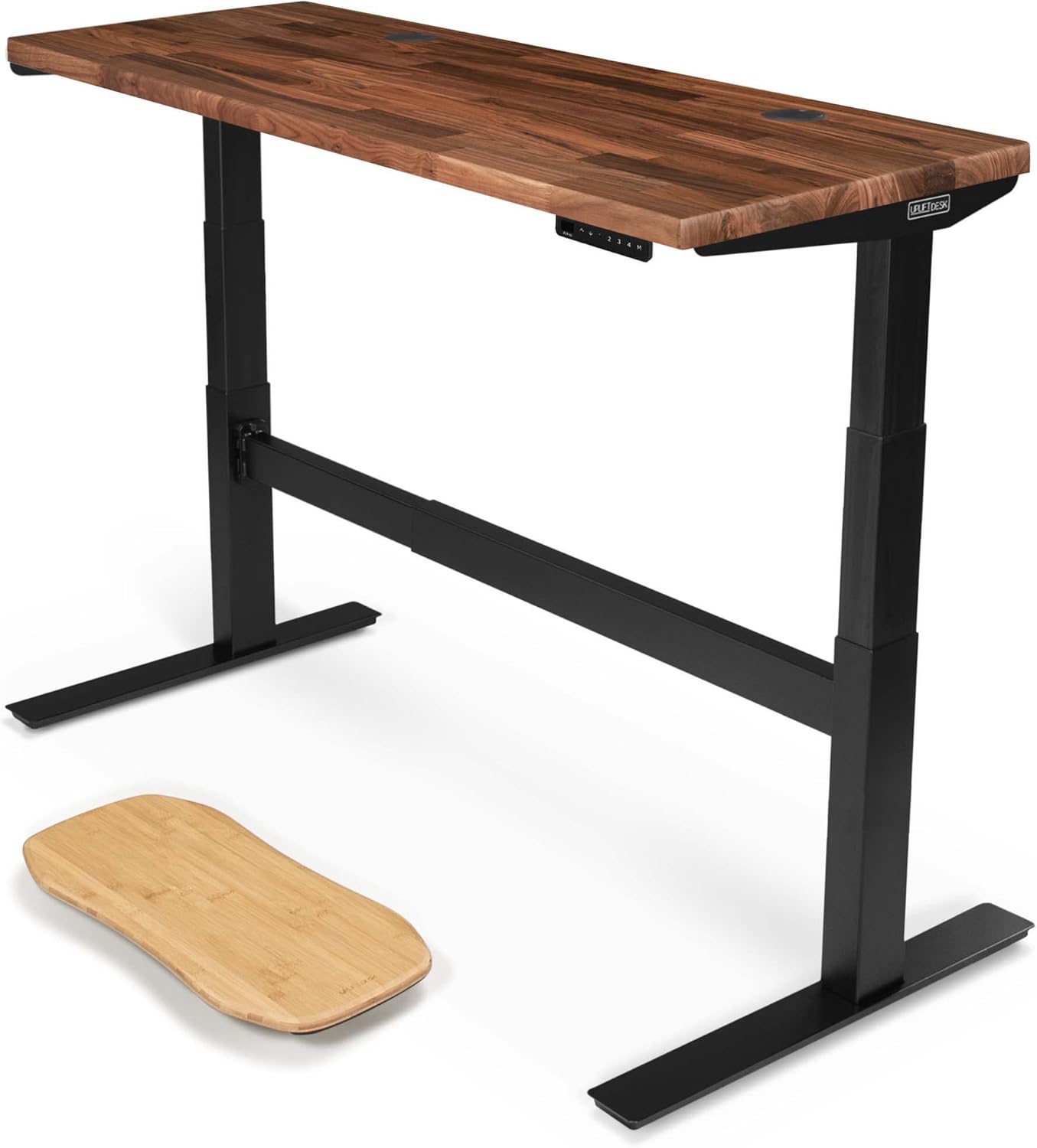 Uplift - Desk Acacia Butcher Block (60 X 24 Inch) Standing Desk 2-Leg V2-Commercial Adjustable Stand up C-Frame (Black), Advanced Keypad, Wire Grommets, Wire Tray, Rocker Board - Serious Techies