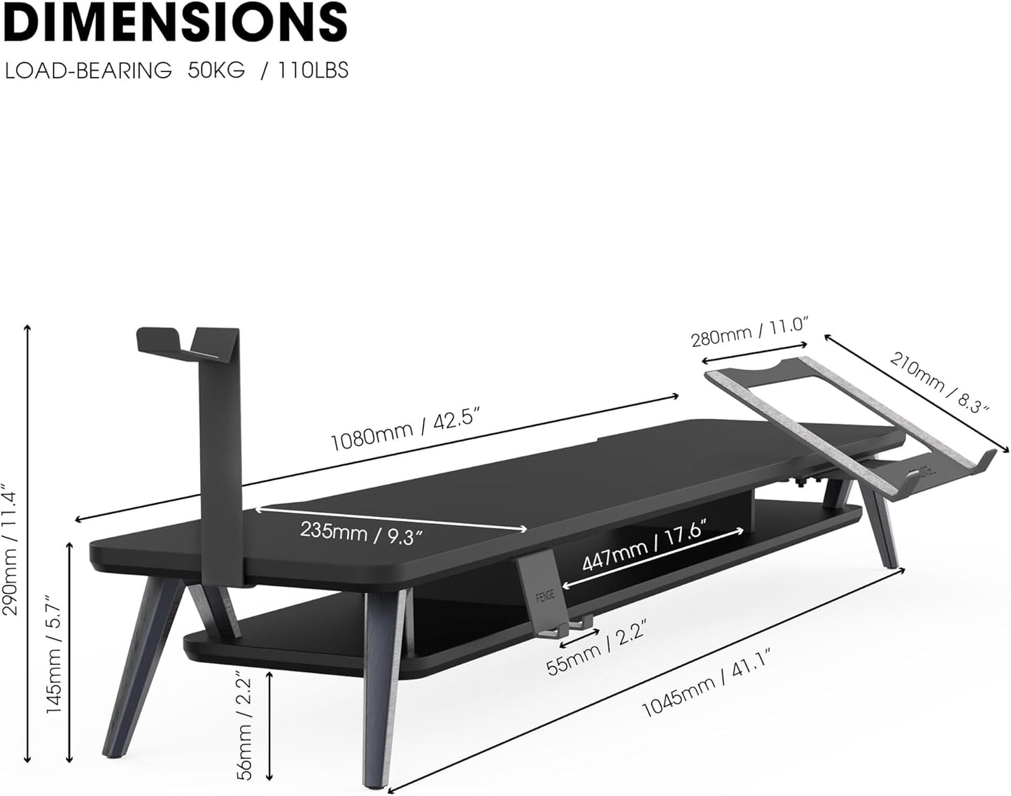 Fenge - Dual Monitor Stand, Monitor Riser for 2 Monitors with Adjustable Laptop Riser , 42.5 Inch Desk Shelf for Top of Desk with Phone Holder& Headphone Stand - Serious Techies