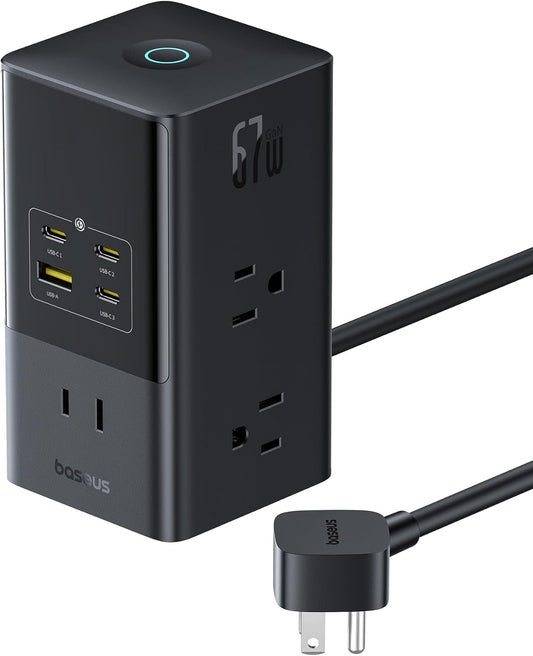 Baseus - Charging Station 67W, 10-In-1 USB-C PD Fast Charging Desktop Charger with 1200J Surge Protection, 5Ft Extension Cord, 6 AC, 3 USBC, 1 USBA Ports for Iphone 16/15, Macbook, Tablet, Desktop - Serious Techies