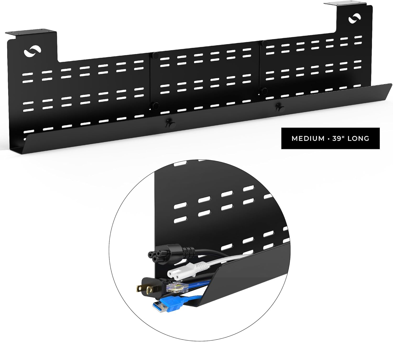 HumanCentric - Under Desk Cable Management Tray and Computer Cord Raceway, Underdesk Cord Organizer, Standing Desk Cable and Wire Management, Heavy Duty, Included Velcro Straps, Medium, Black - Serious Techies