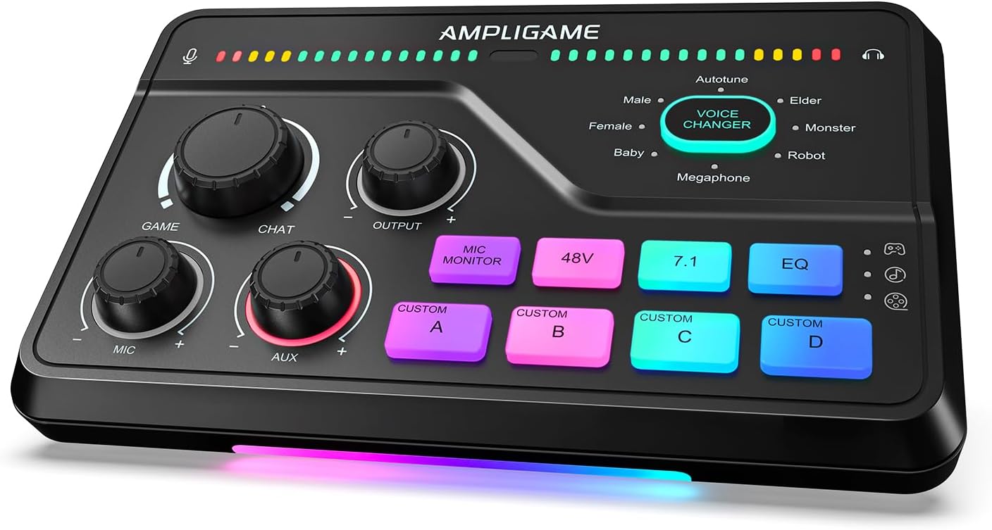 Gaming Audio Mixer for 7.1Ch Surround Sound Headphone Amp-Volume Control-Voice Chat and Streaming-Xlr Mic Preamp-Usb Plug&Play-Voice Changer-Rgb-3 EQ Modes Ampligame SC8