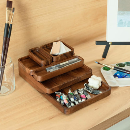  SiamMandalay - Premium Wooden Stackable Modular Desk Organizer Tray: Set of 6-Pieces Nested Acacia Wood Storage Trays for Office, Kitchen, and Home Organization in Contemporary Style - Serious Techies