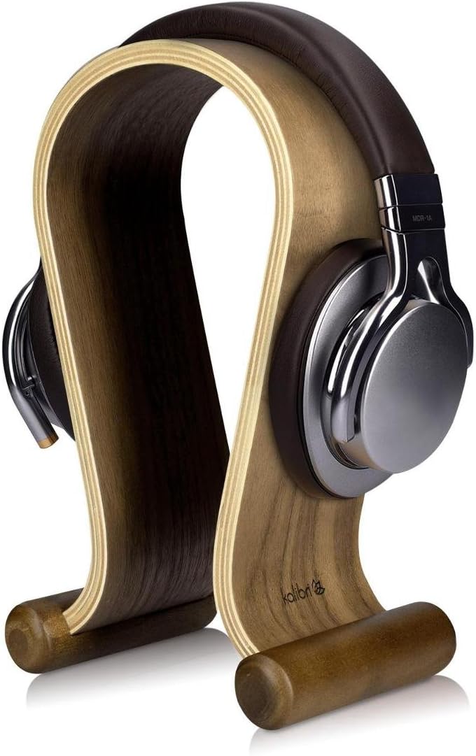 kalibri - Wooden Omega Headphone Stand - Universal Headset Wood Hanger - Holder for Gaming Headsets DJ Studio Headphones & Earphone Display - Walnut - Serious Techies