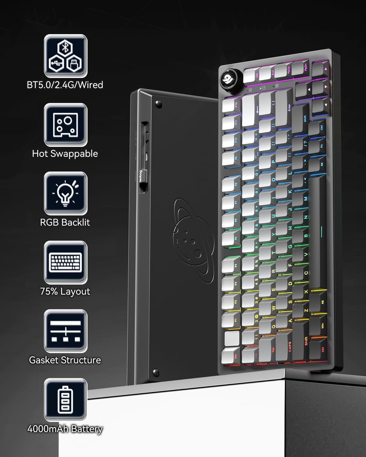 LEOBOG - HI75C Pro Mechanical Keyboard, 75% Hot Swappable Gaming Keyboard with Five-Layer Knob, Bluetooth/2.4Ghz/Usb-C Wireless Keyboards for Windows/Mac/Ios/Android - Reaper Switch, Grey - Serious Techies