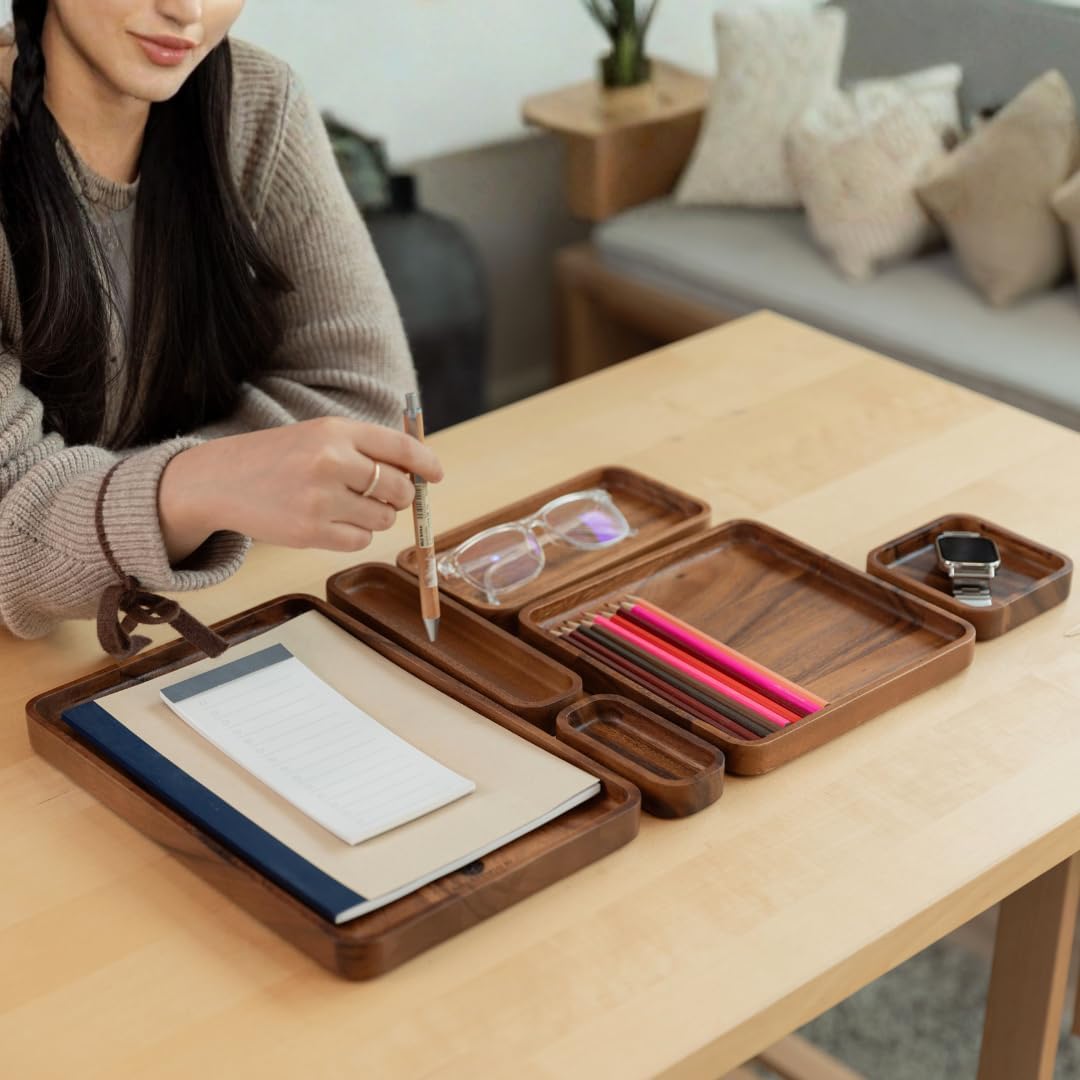  SiamMandalay - Premium Wooden Stackable Modular Desk Organizer Tray: Set of 6-Pieces Nested Acacia Wood Storage Trays for Office, Kitchen, and Home Organization in Contemporary Style - Serious Techies