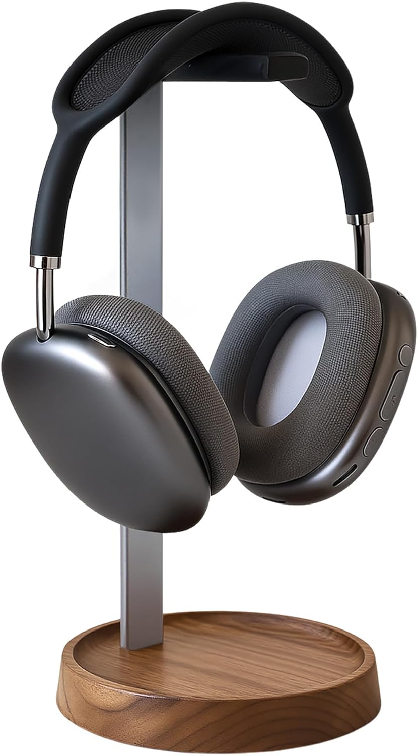 muso - Walnut Headphone Stand, Universal Headset Stand with Storage Base, Wood Desktop Headphone Holder for Gaming Headset and Music Headset - Serious Techies