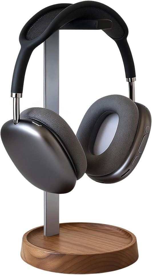 muso - Walnut Headphone Stand, Universal Headset Stand with Storage Base, Wood Desktop Headphone Holder for Gaming Headset and Music Headset - Serious Techies