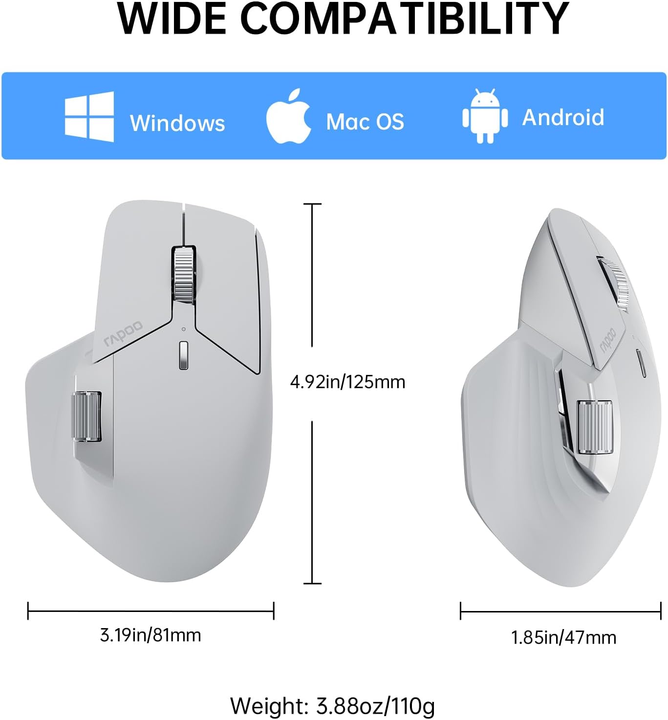 Rapoo - MT760 Multi-Device Wireless Mouse, Bluetooth 5.0 and 2.4G Multi-Mode Connection, up to 4 Devices, 11 Programmable Buttons, 4K DPI, 90 Days Battery Life, PC, Light Grey - Serious Techies