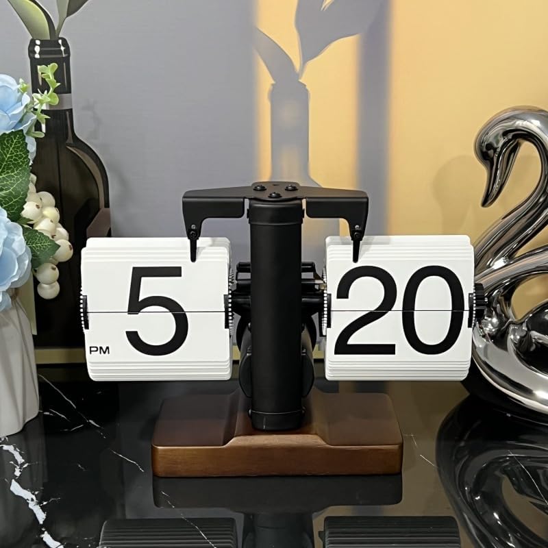 Flip Desk Clock, Retro Vintage Flip Desk Table Clock, Digital Sided Large Numbers Mechanical Flip Clock Wood Base for Living Room, Study Room and Office（Black）