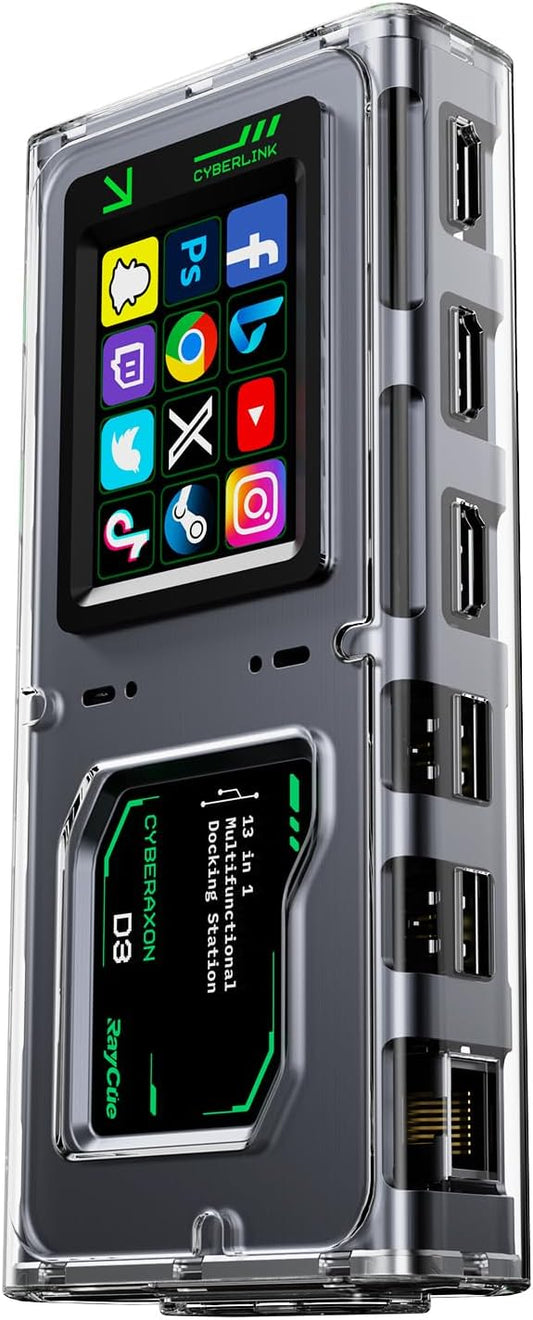 Cyberaxon - D3 13-In-1 Multifunctional Stream Control Dock - USB C Docking Station with 2.4" Touchscreen（12 Macro Keys）, 3X HDMI (4K@60Hz), 100W PD, 10Gbps USB-C, Ethernet, for Mac/Windows/Ipad - Serious Techies