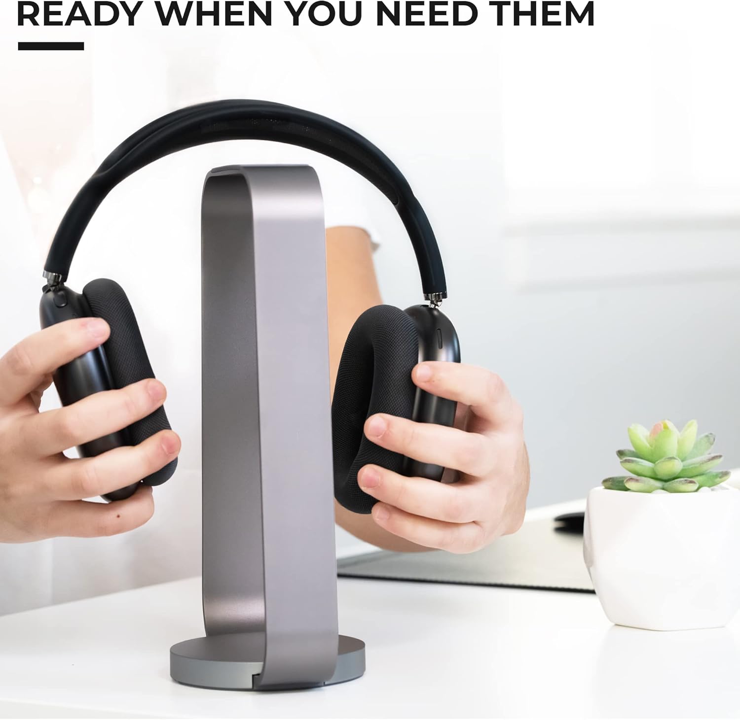 HumanCentric - Headphone Stand Headset Holder in Space Gray, Weighted Aluminum Headphone Holder, Desk Headphone Hanger Displays and Holds Headsets, Works with Most Headphone Brands and Sizes - Serious Techies