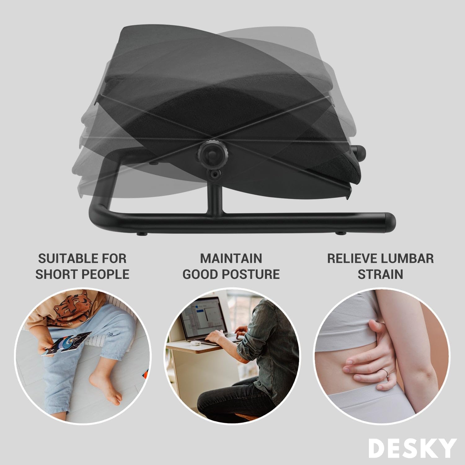 Desky - Cushioned Foot Rest – Ergonomic under Desk Footrest with Adjustable Tilt, Soft Suede Cover, Non-Slip Base – Black - Serious Techies