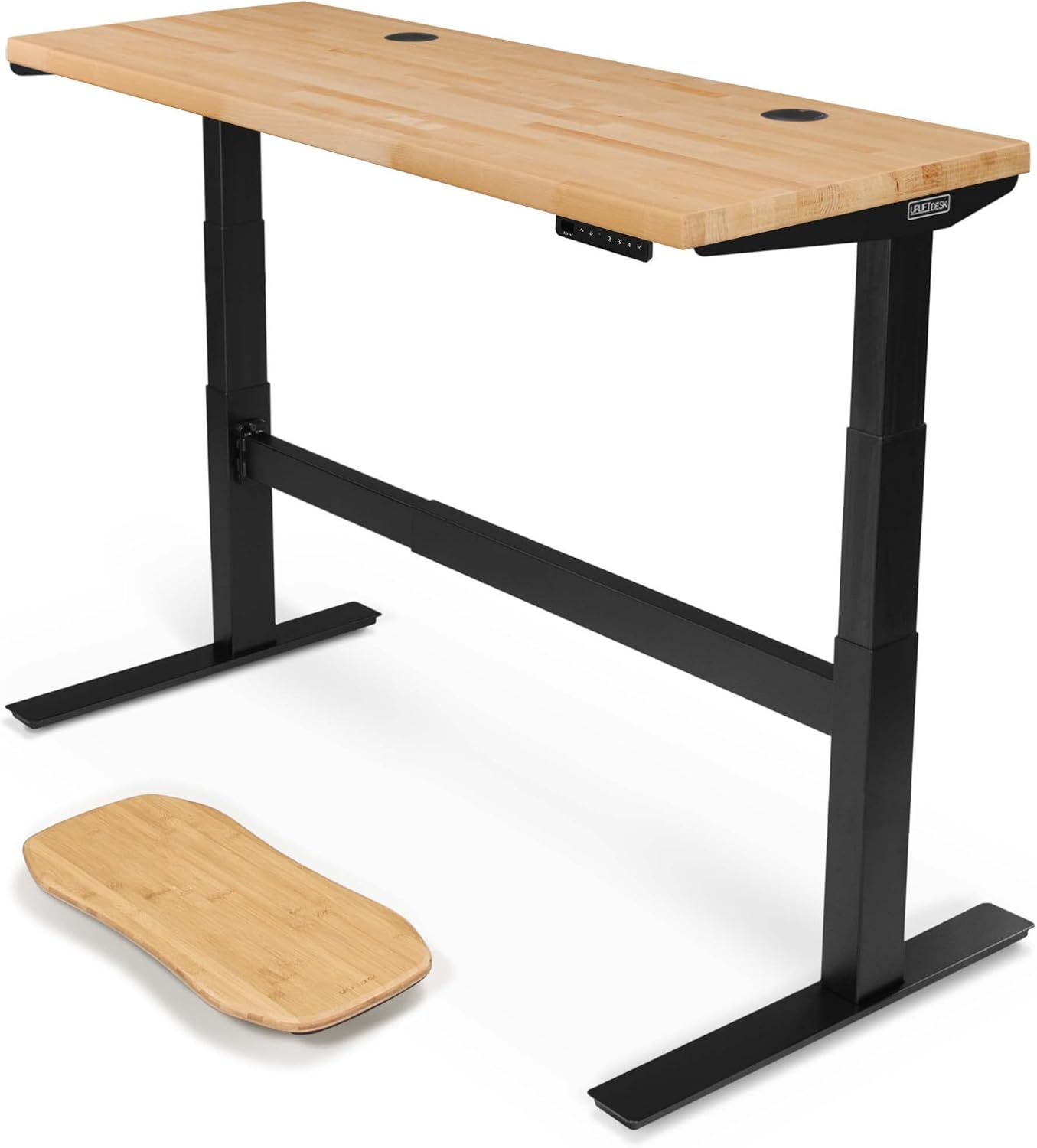 Uplift - Desk Acacia Butcher Block (60 X 24 Inch) Standing Desk 2-Leg V2-Commercial Adjustable Stand up C-Frame (Black), Advanced Keypad, Wire Grommets, Wire Tray, Rocker Board - Serious Techies