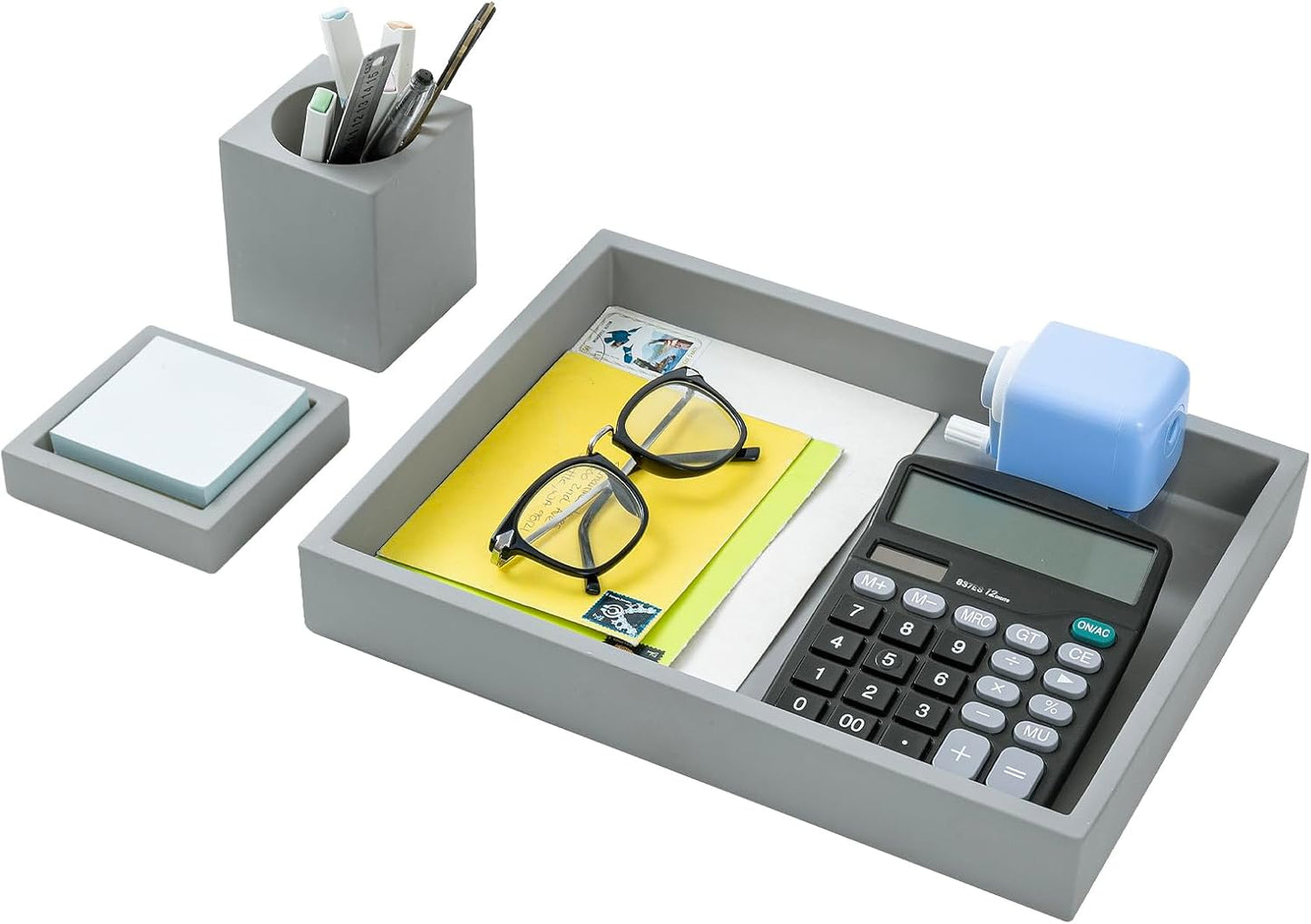 MyGift - 3 Pcs Set Modern Gray Concrete Desk Organizer Trays, Desktop Office Paper Tray, Stationery Holder Pencil Cup, Sticky Note Pad Holder - Serious Techies