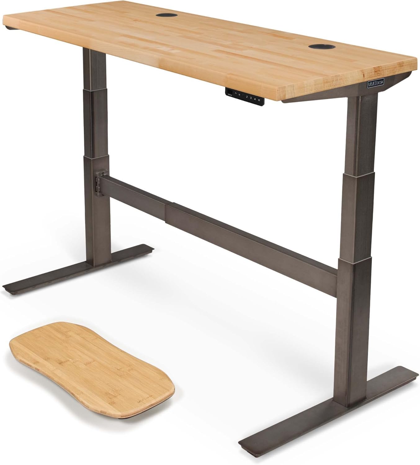 Uplift - Desk Acacia Butcher Block (60 X 24 Inch) Standing Desk 2-Leg V2-Commercial Adjustable Stand up C-Frame (Black), Advanced Keypad, Wire Grommets, Wire Tray, Rocker Board - Serious Techies