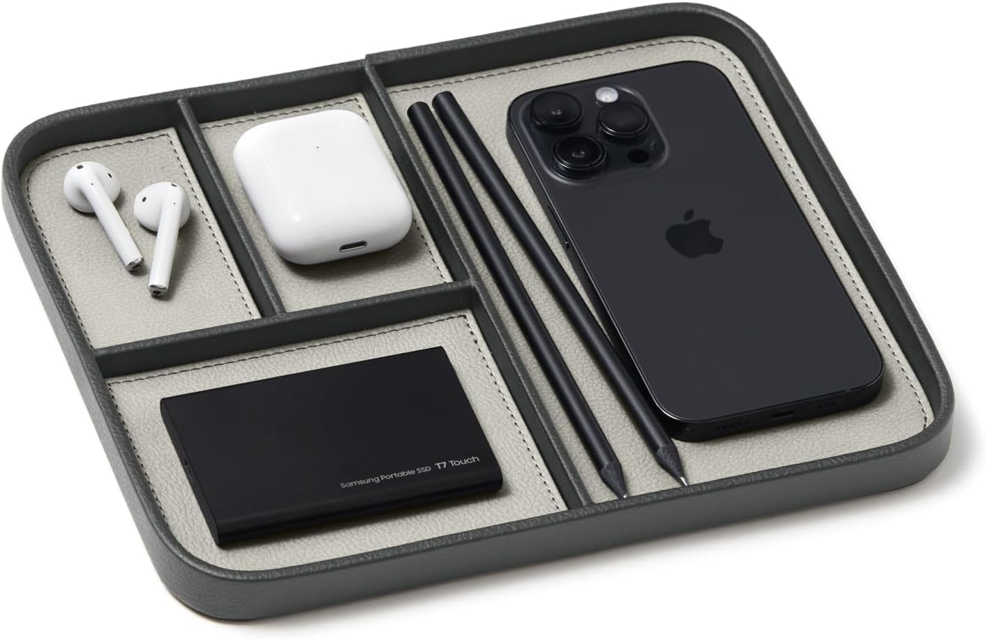 Nordik - Leather Valet Tray - Pebble Black - Premium Vegan Leather Stylish and Organised Nightstand Tray for Men - EDC Catchall Tray for Keys, Watch, Wallet, Jewellery - Modern Bedside Caddy - Serious Techies