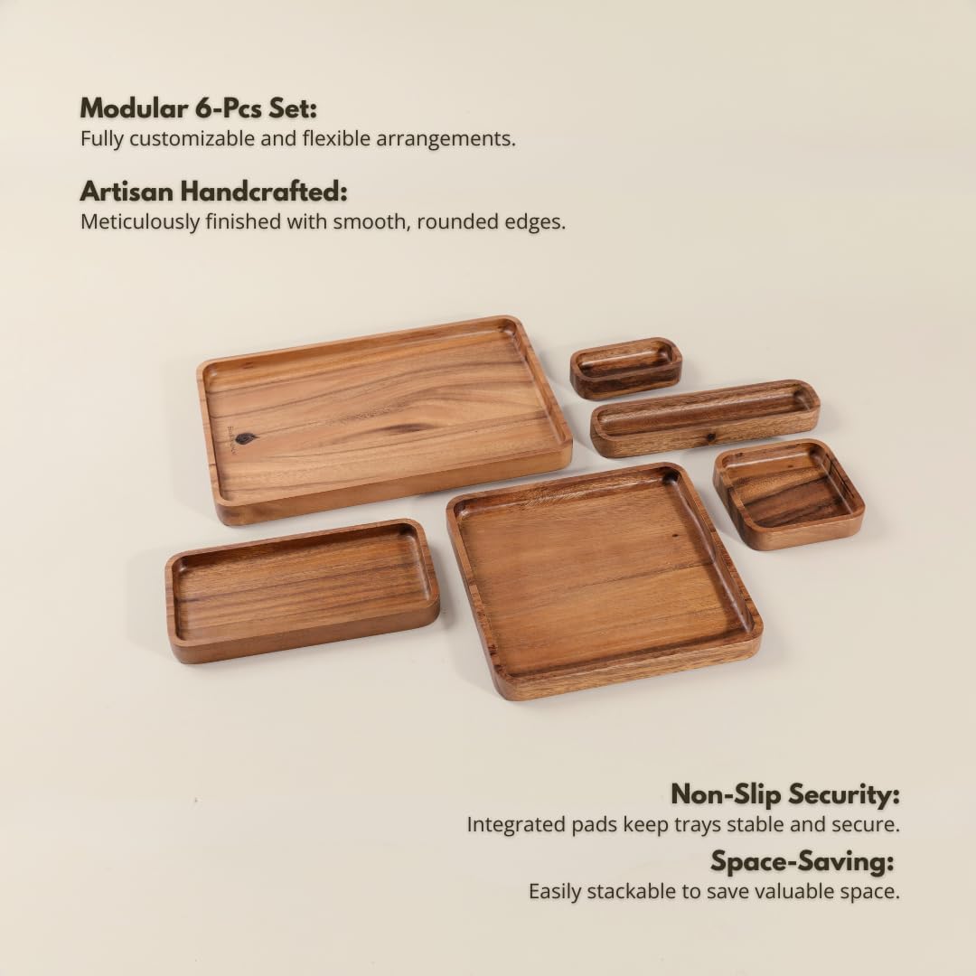  SiamMandalay - Premium Wooden Stackable Modular Desk Organizer Tray: Set of 6-Pieces Nested Acacia Wood Storage Trays for Office, Kitchen, and Home Organization in Contemporary Style - Serious Techies