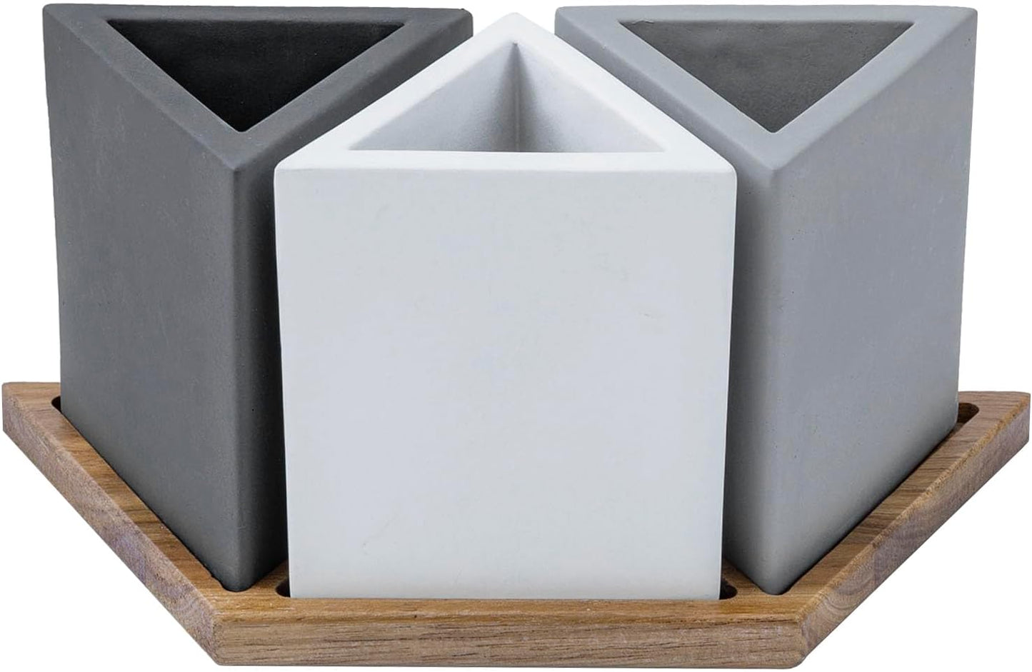 MyGift - Modern Concrete Desk Organizer Set with 3 Triangular Gray-Tone Pen Holders and Acacia Wood Tray, 4-Piece Office Storage Solution for Pens, Pencils, and Supplies - Serious Techies