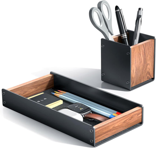 UPERGO - Walnut Desk Tray with Pen Holder Set, Natural Wooden Desk Drawer Organizer Office, Organizer Tray for Keys, Pen, Watch - Serious Techies