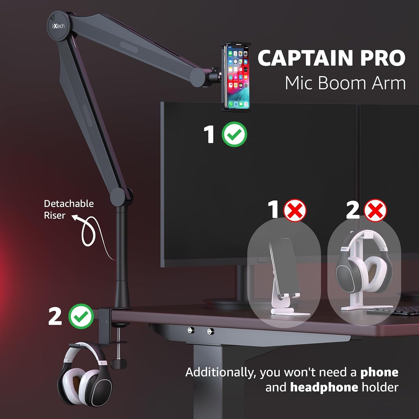 IXTECH - Mic Boom Arm Microphone Arm for Blue Yeti Shure Sm7B Hyperx Quadcast Rode At2020 and Fifine Upgraded Mic Stand with Tablet and Headphone Holder for Gaming Podcasting and Streaming CAPTAIN PRO - Serious Techies