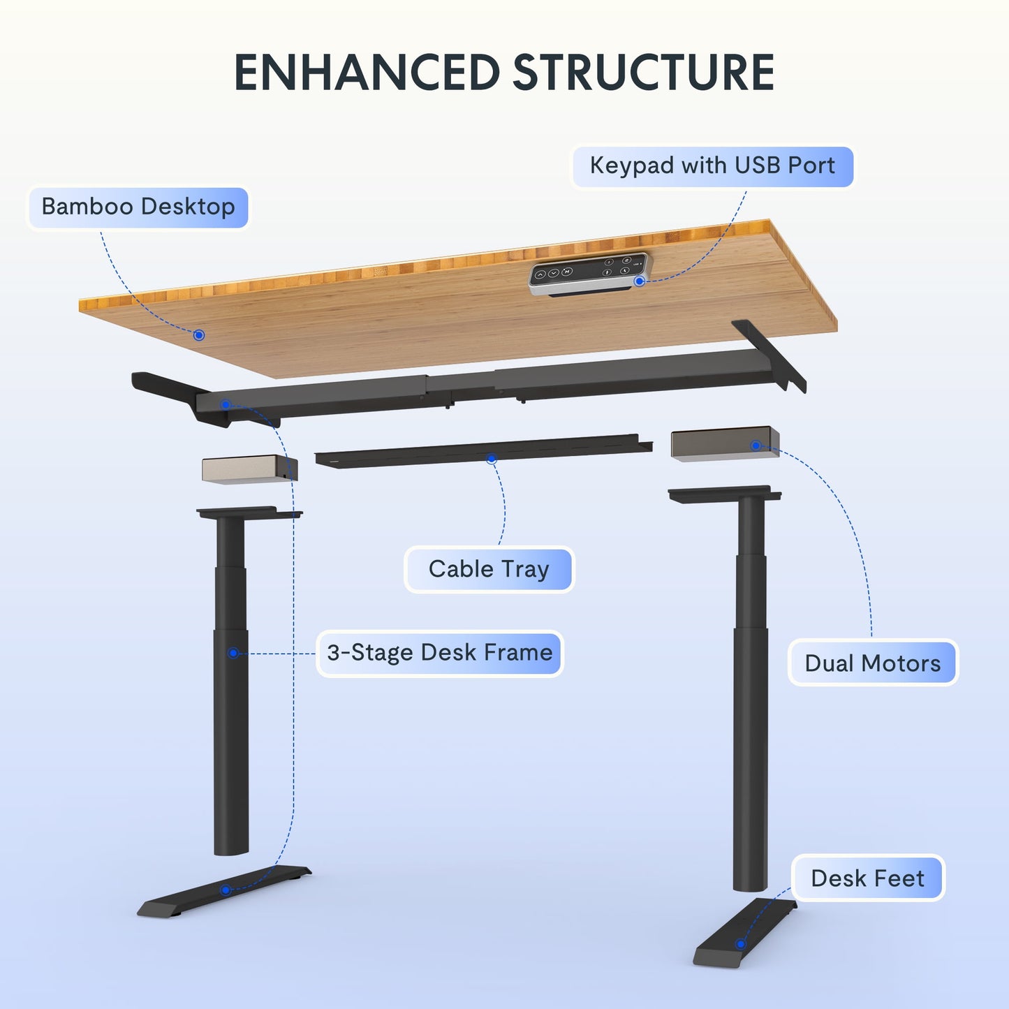 FLEXISPOT - 48"X24" Dual Motors 3-Stage Height Adjustable Standing Desk Ergonomic Home Office Sit Stand Desk with USB Port, Bamboo Rectangle Desktop Black Oval Frame - Serious Techies