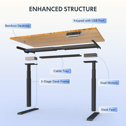 FLEXISPOT - 48"X24" Dual Motors 3-Stage Height Adjustable Standing Desk Ergonomic Home Office Sit Stand Desk with USB Port, Bamboo Rectangle Desktop Black Oval Frame - Serious Techies