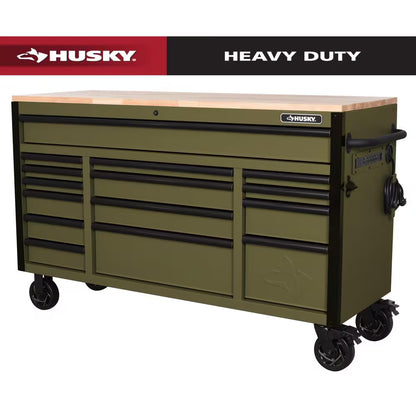 Husky - Heavy Duty 61 In. W X 23 In. D 15-Drawer Matte Army Green Mobile Workbench Cabinet with Solid Wood Top - Serious Techies