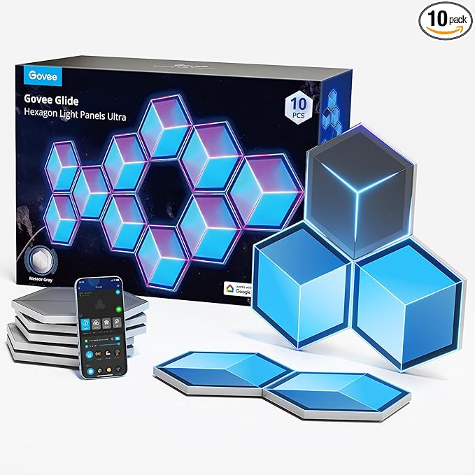 Govee - Glide Hexagon Light Panels Ultra, RGBIC 3D Wall Lights with DIY Program, 60 Scenes and 129 Lamp Beads, Upgraded Gaming Light for Gaming Room, Works with Alexa, 10 Pack Meteor Gray - Serious Techies - Serious Techies, LLC