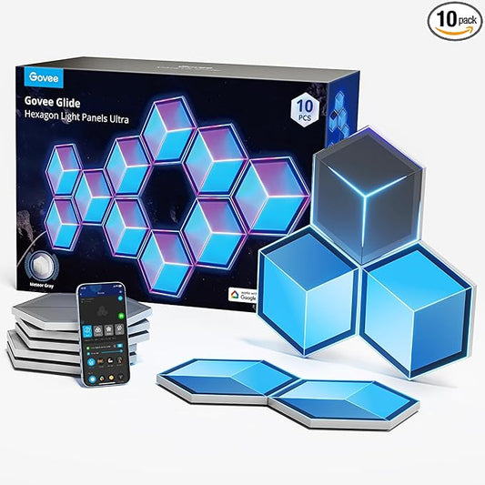 Govee - Glide Hexagon Light Panels Ultra, RGBIC 3D Wall Lights with DIY Program, 60 Scenes and 129 Lamp Beads, Upgraded Gaming Light for Gaming Room, Works with Alexa, 10 Pack Meteor Gray - Serious Techies - Serious Techies, LLC