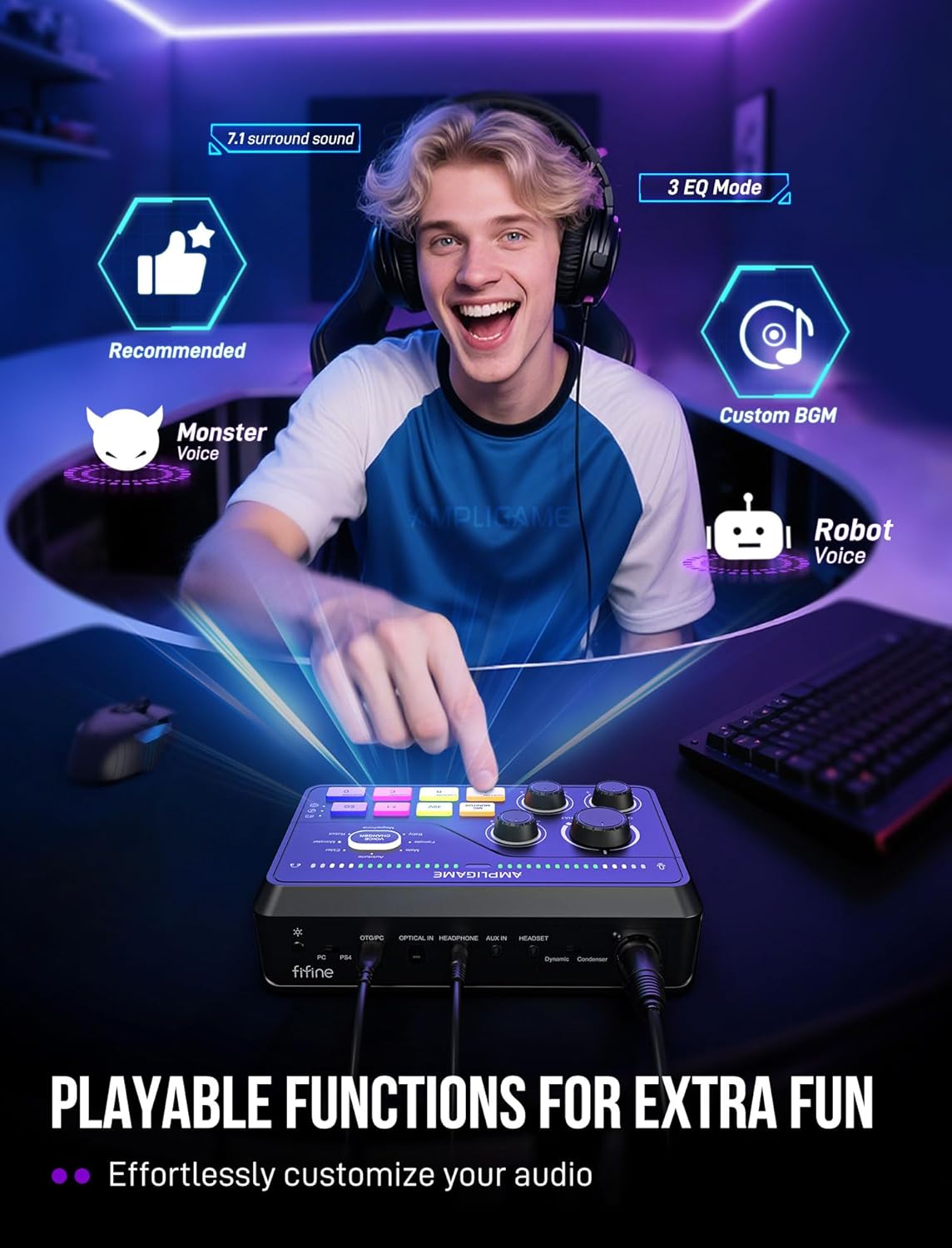 Gaming Audio Mixer for 7.1Ch Surround Sound Headphone Amp-Volume Control-Voice Chat and Streaming-Xlr Mic Preamp-Usb Plug&Play-Voice Changer-Rgb-3 EQ Modes Ampligame SC8