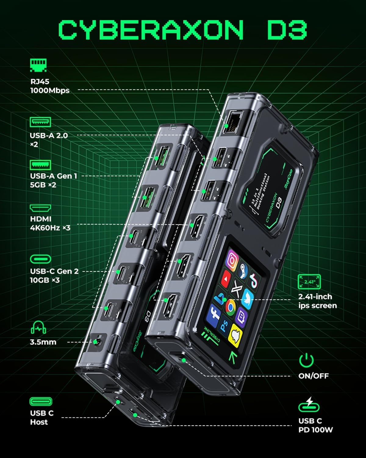 Cyberaxon - D3 13-In-1 Multifunctional Stream Control Dock - USB C Docking Station with 2.4" Touchscreen（12 Macro Keys）, 3X HDMI (4K@60Hz), 100W PD, 10Gbps USB-C, Ethernet, for Mac/Windows/Ipad - Serious Techies