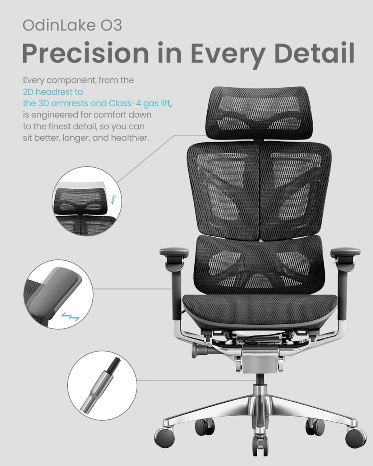 Odinlake - O3 753 Ergonomic Mesh Office Chair, 5-Level Adjustable Height, Wirecontrol Base, Dynamic Lumbar, 2D Headrest, Silent Casters, Flexbreath Mesh, Clothes Hanger, Aluminum Butterfly Backrest - Serious Techies