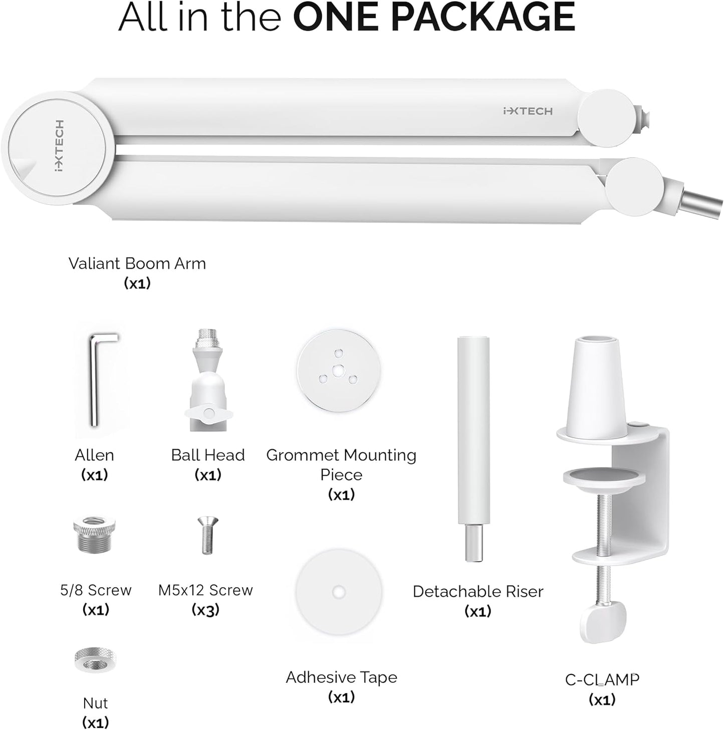 IXTECH - Mic Arm White Premium Boom Arm 360° Rotatable Microphone Arm Stand with Desk Mount Fully Adjustable Sturdy and Universal VALIANT WHITE Model - Serious Techies