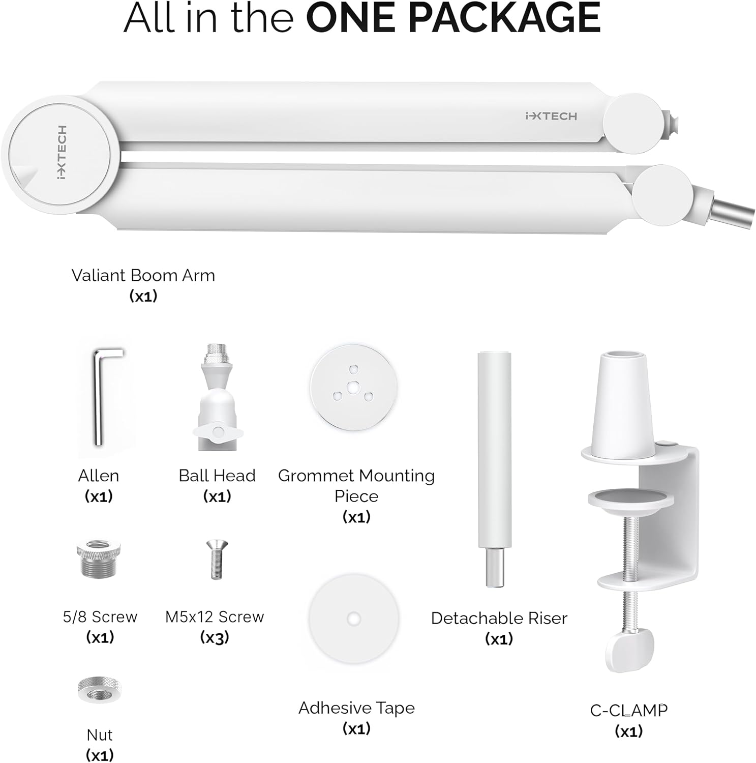 IXTECH - Mic Arm White Premium Boom Arm 360° Rotatable Microphone Arm Stand with Desk Mount Fully Adjustable Sturdy and Universal VALIANT WHITE Model - Serious Techies