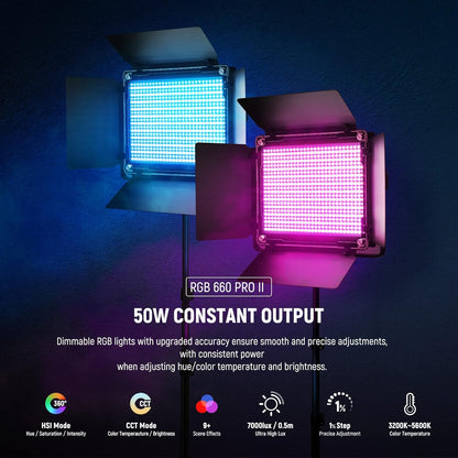 Upgraded 660 PRO II RGB LED Video Light with App Control & Tripod Stand Kit, 2 Pack 50W/1% Min Dimming/Cri97+/3200~5600K Key Lighting for Game Streaming Youtube Recording Studio Photography