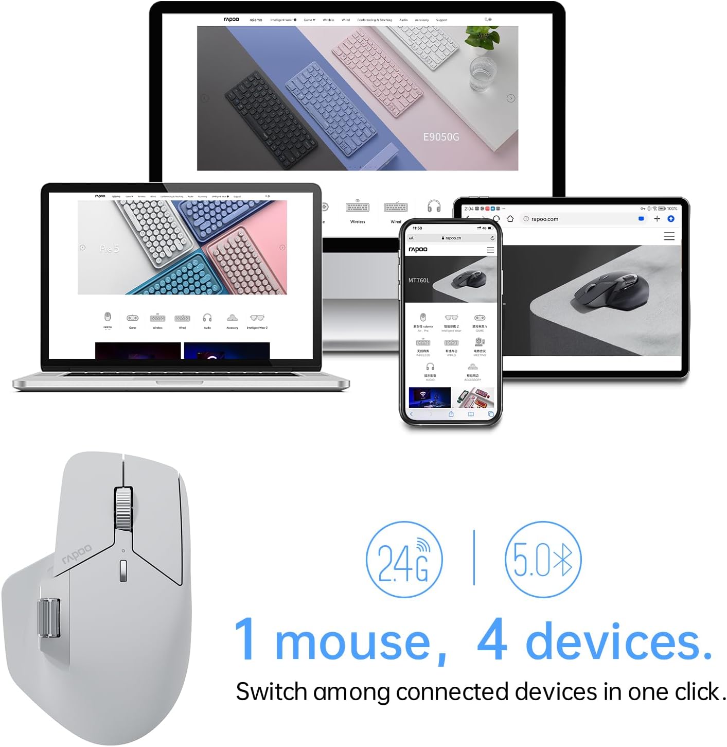 Rapoo - MT760 Multi-Device Wireless Mouse, Bluetooth 5.0 and 2.4G Multi-Mode Connection, up to 4 Devices, 11 Programmable Buttons, 4K DPI, 90 Days Battery Life, PC, Light Grey - Serious Techies