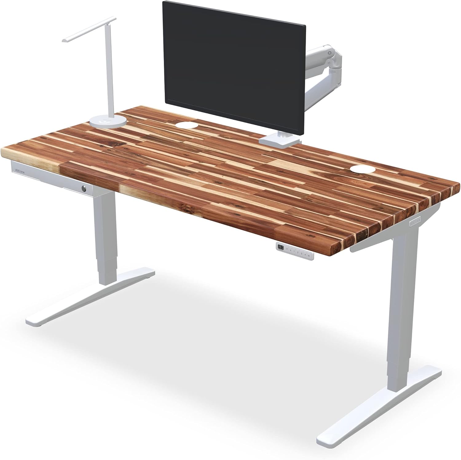 Uplift - Desk Acacia Butcher Block (72 X 30 Inch) Standing Desk 2-Leg V2 Adjustable Stand up C-Frame (Black), Advanced Keypad, Wire Grommets, Wire Tray, Rocker Board - Serious Techies