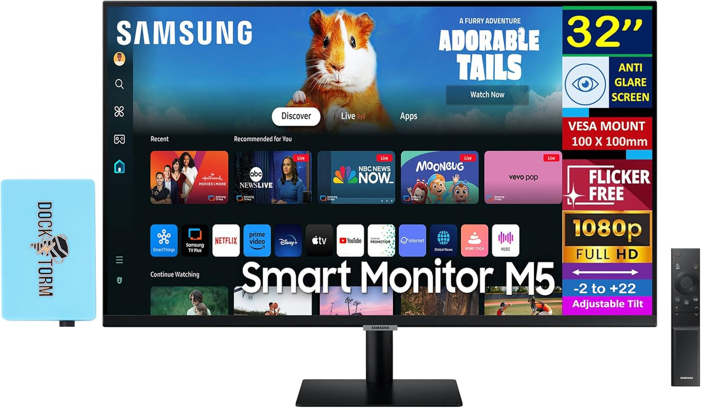 Samsung - 32" Smart M5 (M50D) FHD VA Monitor with HDR10, 4Ms Response Time, anti Glare, Flicker Free, VESA Mount (100Mm), HDMI & Dockztorm USB Port Expander, Black Color (LS32DM500ENXGO) - Serious Techies