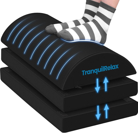 TranquilRelax - Foot Rest for under Desk at Work, Gaming Accessories Foot Stool with 3 Adjustable Heights & Washable Cover, Comfortable Office Desk Accessories, Footrest for Office, Home and Car (Black) - Serious Techies