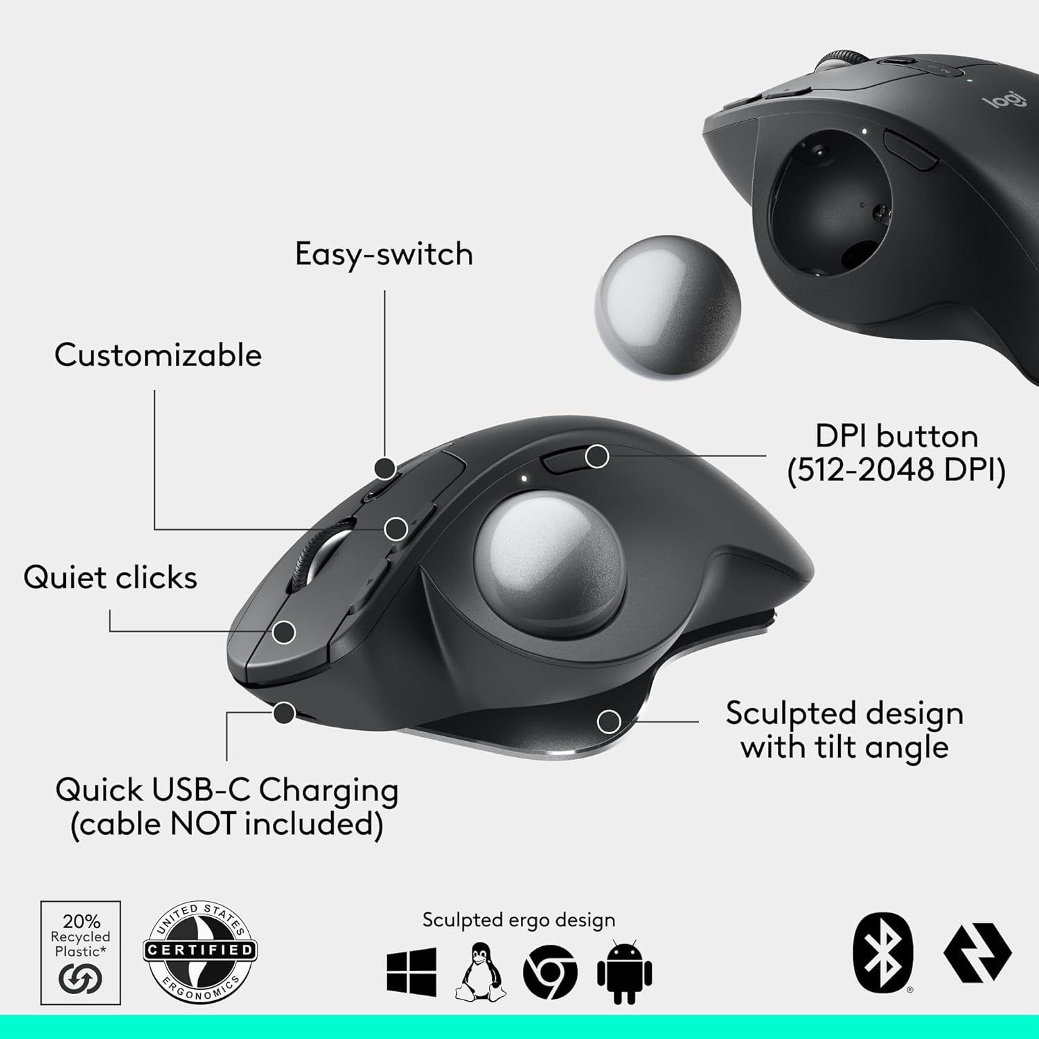 Logitech - MX Ergo S Advanced Wireless Trackball Mouse, USB-C Rechargeable Wireless Ergonomic Mouse with Bluetooth and Encrypted Dongle, 6 Programmable Buttons, for Pc/Mac - Graphite - Serious Techies