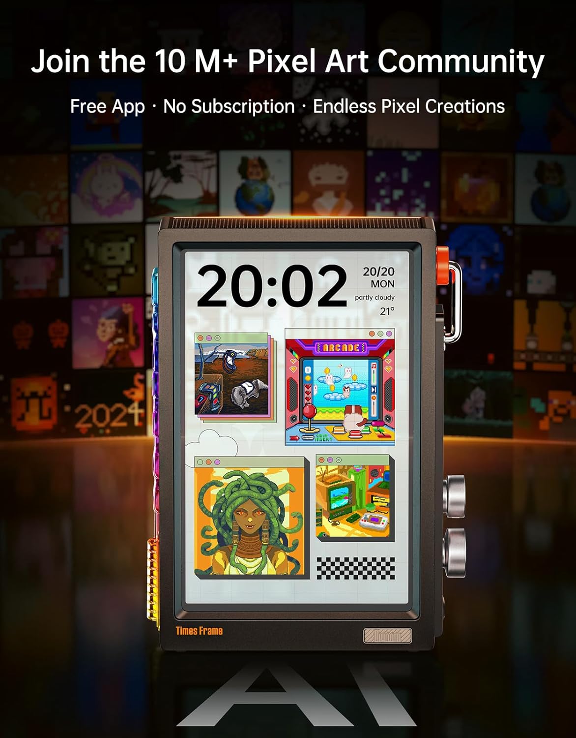 Divoom - Times Frame-10.1" Digital Picture Frame Transparent IPS Smart Linux OS with RGBLED Rotary Knob Wifi 64GB 400+Clock Faces Widget 50+API Feeds Gift Mode Pixel Art Community Personalized Display - Serious Techies