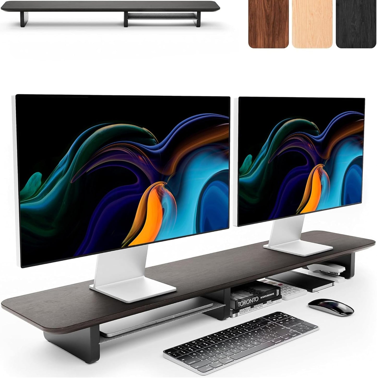 KIVY - Dual Monitor Riser with Integrated Metal Shelf - Wooden Desk Shelf for Top of Desk - Wood Monitor Stand for Desk 2 Monitors / Tv - Dual Monitor Stand Riser for Desk - Large Walnut Monitor Stand - Serious Techies