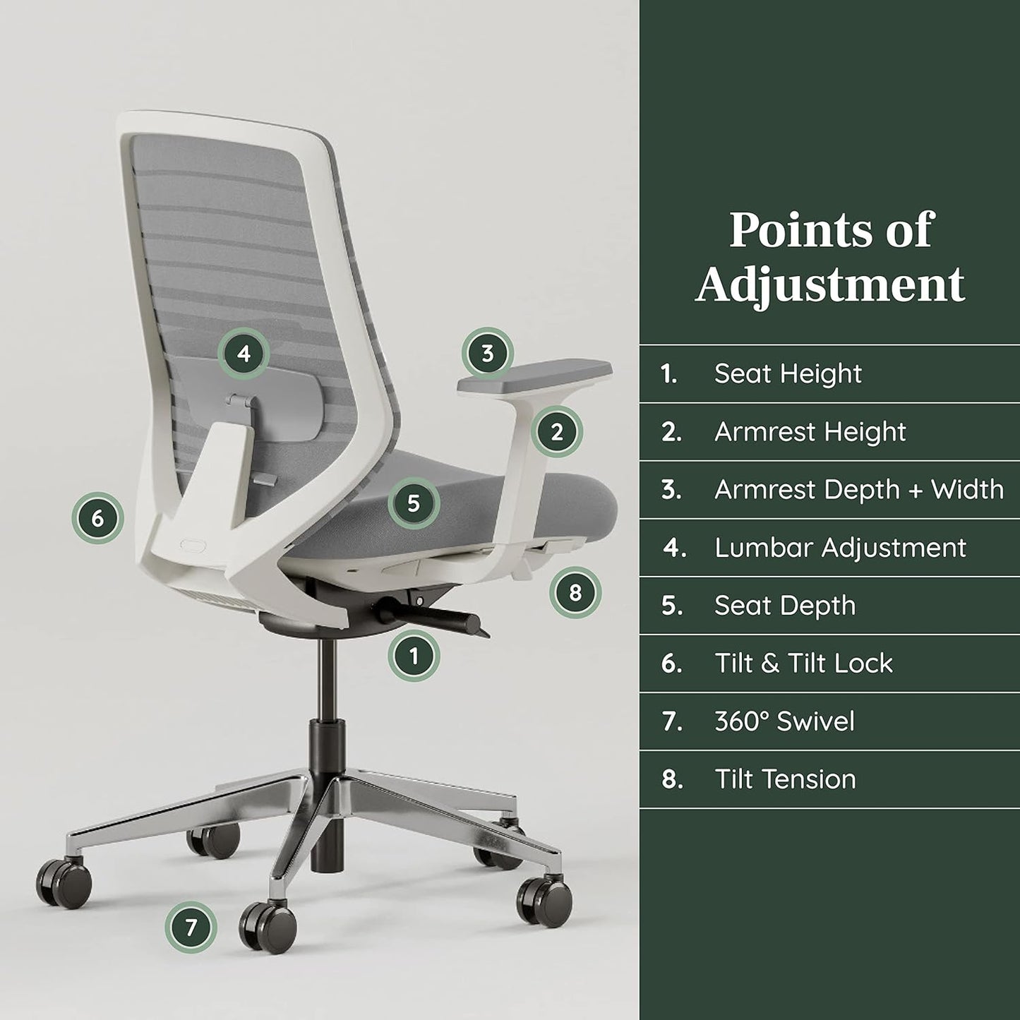 Branch - Ergonomic Chair - a Versatile Desk Chair with Adjustable Lumbar Support, Breathable Mesh Backrest, and Smooth Wheels - Experience Optimal Comfort and Support - Pebble - White - Serious Techies