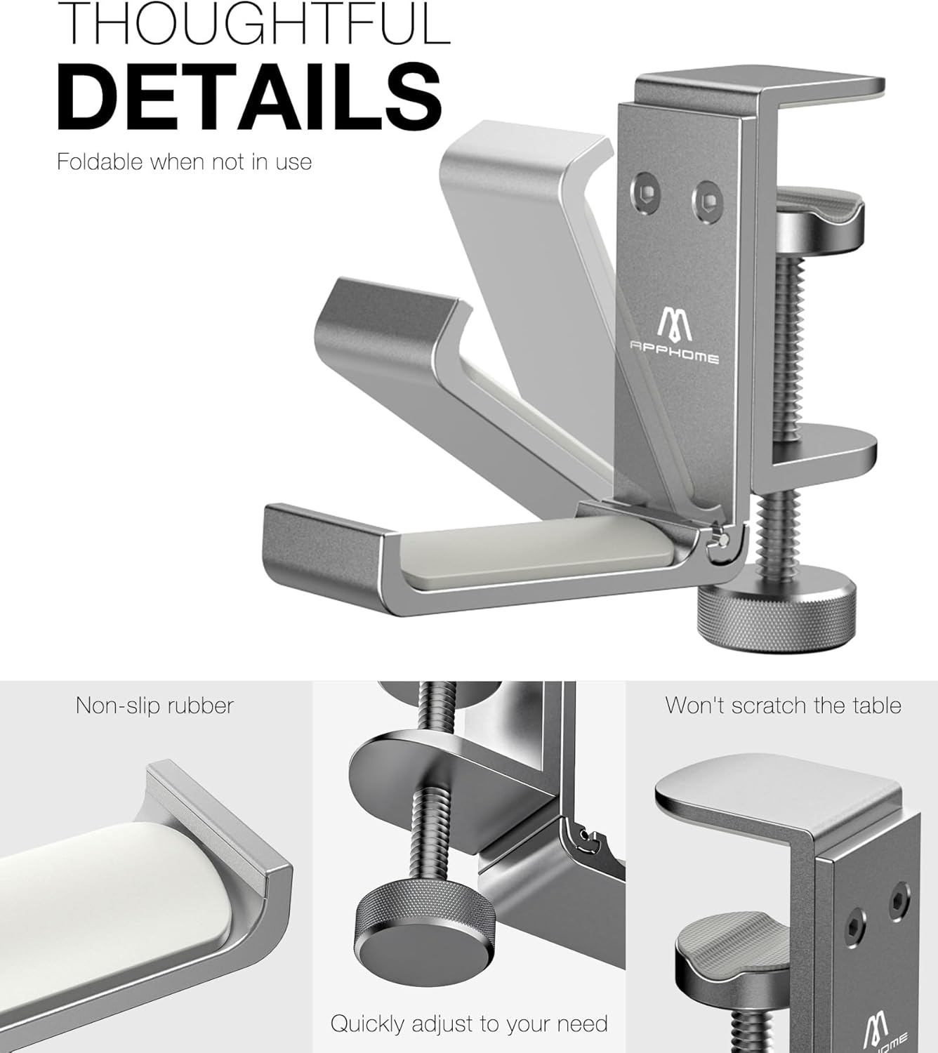  APPHOME - Foldable Headphone Stand and Hook – Aluminum Headset Holder Clamp Mount under Desk, Universal Fit for Gaming Headphones, Space-Saving Hanger Organizer - Serious Techies